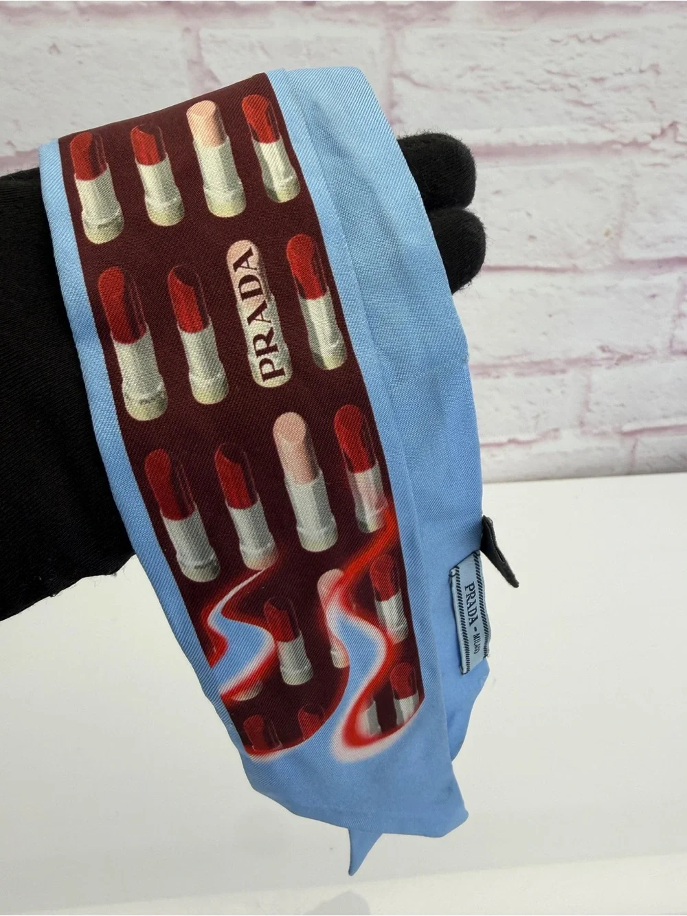 Prada Blue Lipstick Silk Scarf Tie Red Twilly
